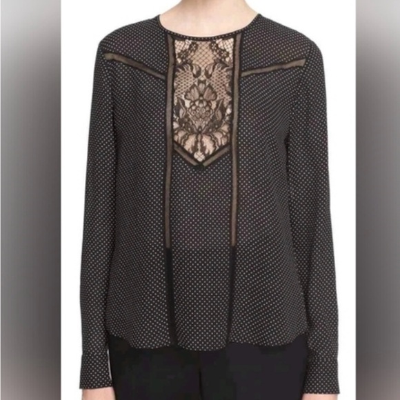 A.L.C. polka dot lace insert 100% silk black and white long sleeve blouse - Picture 3 of 6